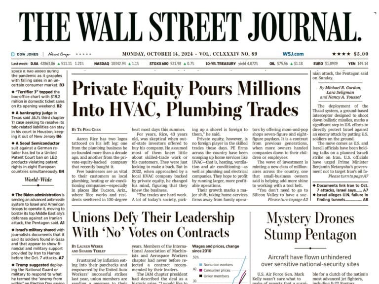 Front page of The Wall Street Journal dated October 14, 2024, featuring headlines on private equity in HVAC, union contract disputes, and mystery drones at the Pentagon.
