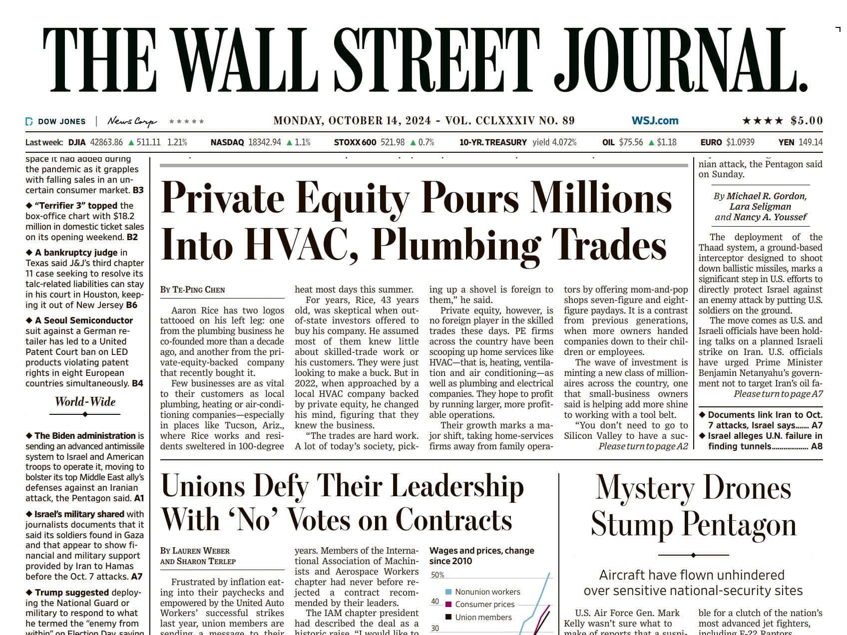 Front page of The Wall Street Journal dated October 14, 2024, featuring headlines on private equity in HVAC, union contract disputes, and mystery drones at the Pentagon.