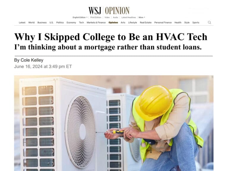 A person in a hard hat repairs an HVAC unit. The headline discusses choosing a career in HVAC over attending college, with a focus on mortgages versus student loans.