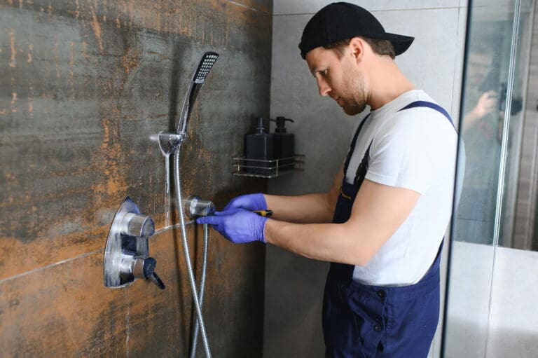 Man in overalls and gloves repairs a shower in a bathroom.