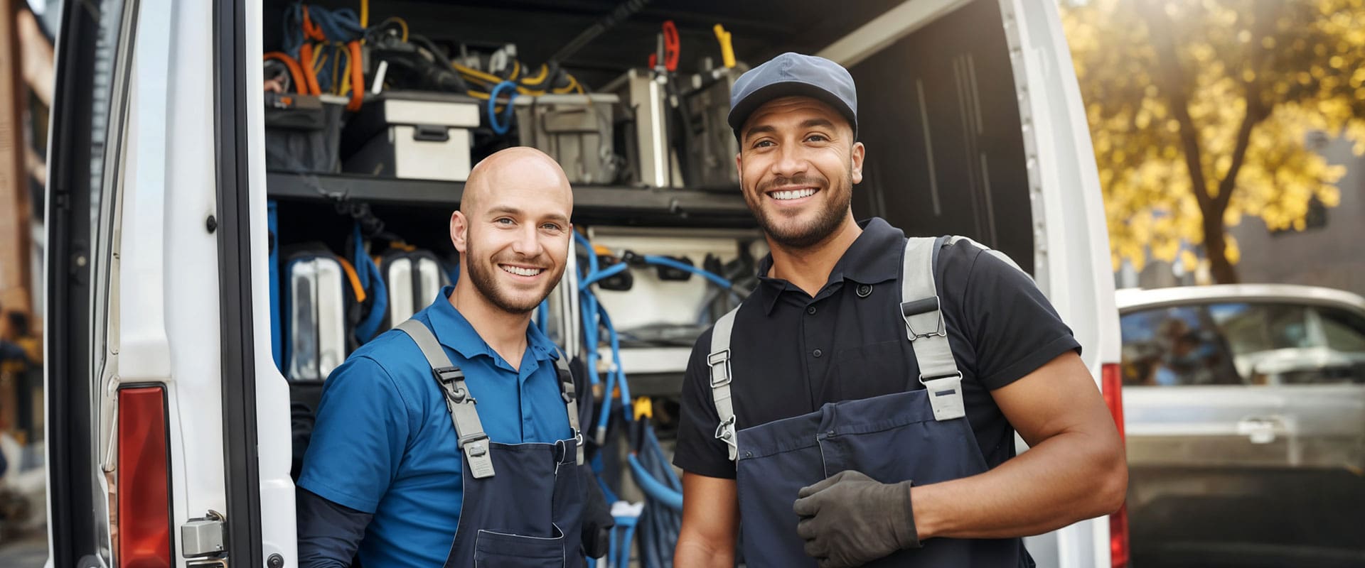 Two male workers wearing uniforms and overalls stand smiling beside an open service van filled with tools and equipment, highlighting the rewarding careers that can start after covering trade school cost. Trees and a car are visible in the background.